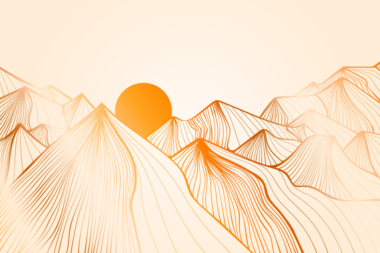 Mountain line art wallpaper design file showing golden peaks against sunset background