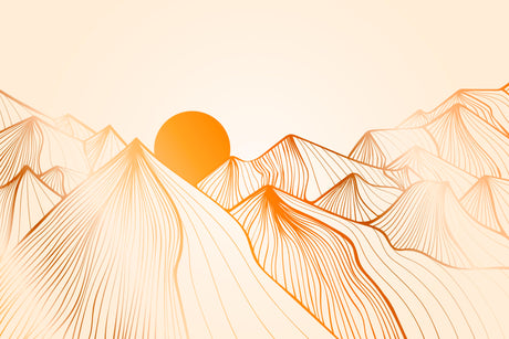 Mountain line art wallpaper design file showing golden peaks against sunset background