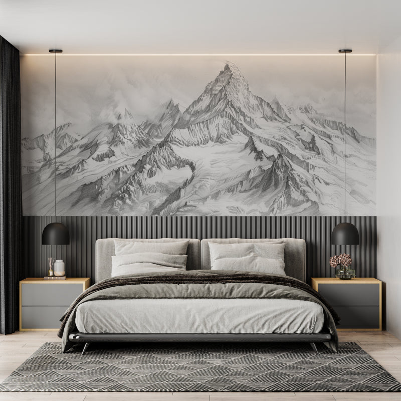Mountain peak wallpaper installation in master bedroom showing scale and impact
