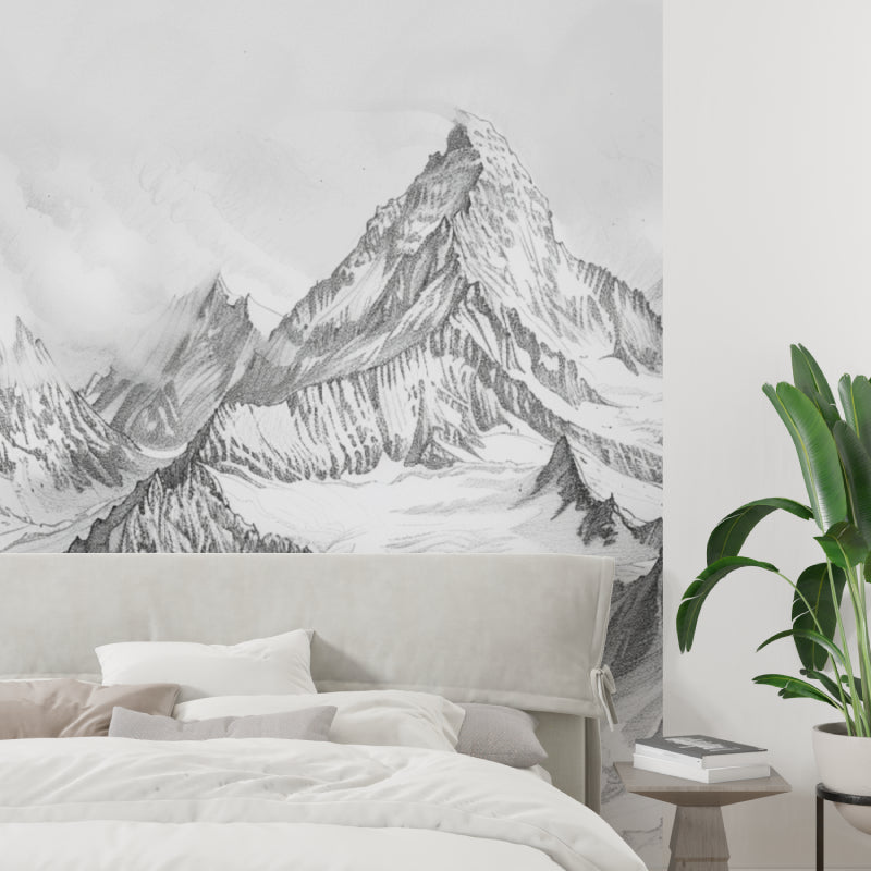 Black and white alpine mural in home office space adding depth and character