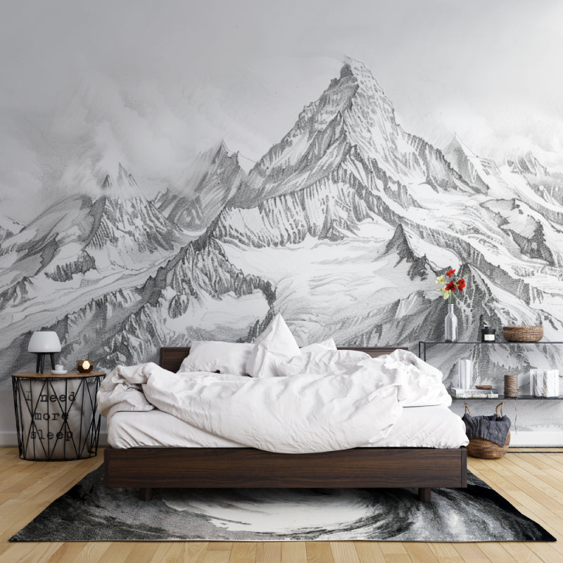 Mountain landscape wallpaper creating statement wall in dining room