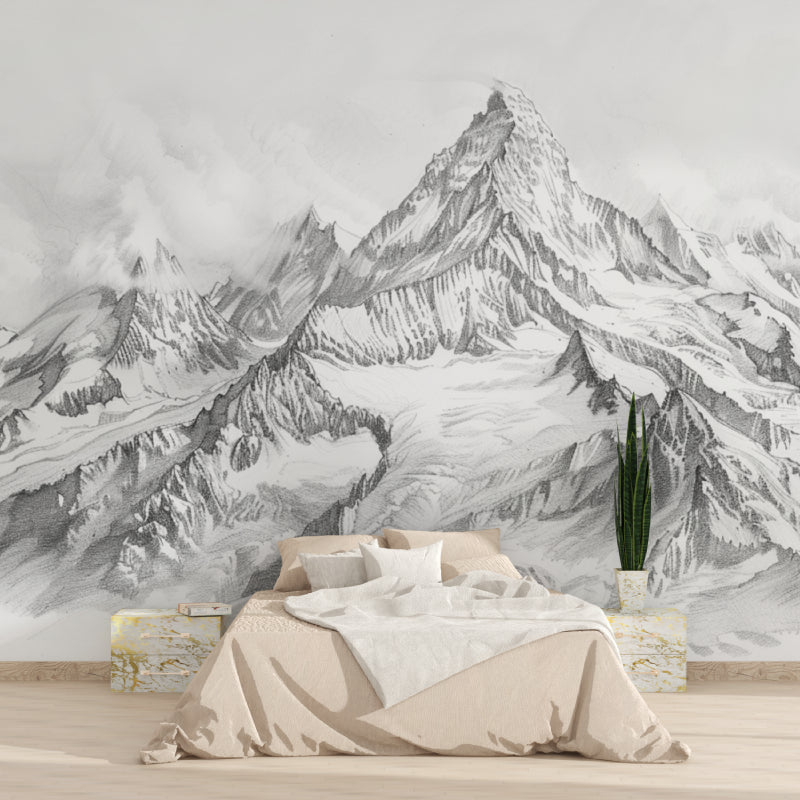 Panoramic mountain mural installation in contemporary hallway showing full wall coverage