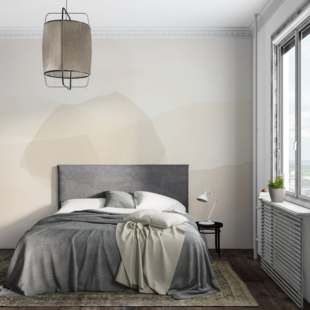 Minimalist dining area with Mountain Wall Mural showcasing gentle curves and natural forms