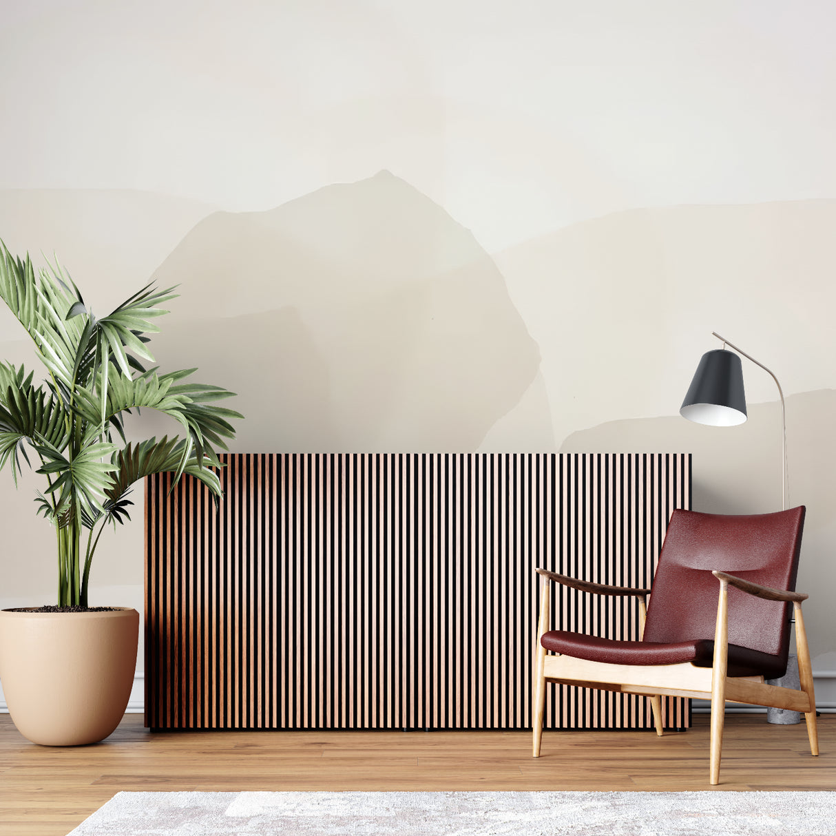Bedroom featuring Beige Mountain Mural adding sophistication and calm