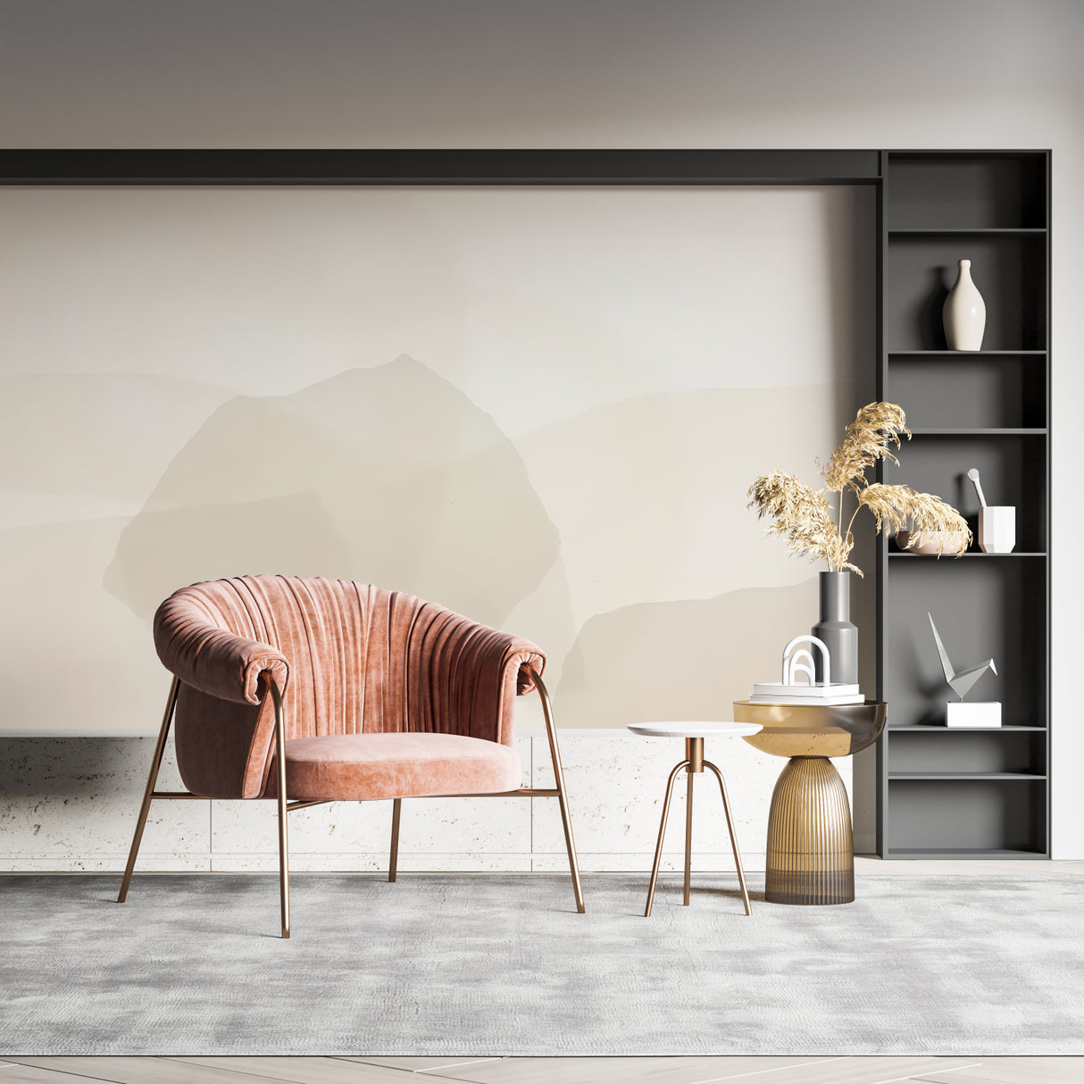 Entryway transformed with Abstract Mountain Wallpaper in neutral beige tones