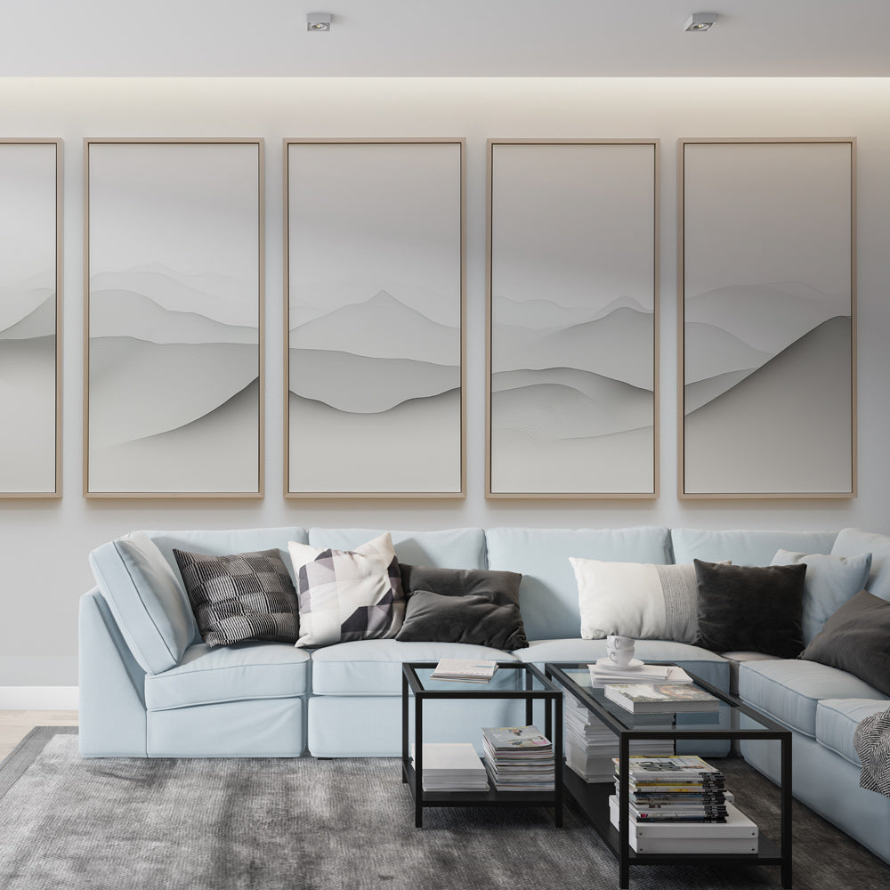 Modern living room featuring a Minimalist Mountain Wallpaper in soft grays, creating a peaceful and open atmosphere