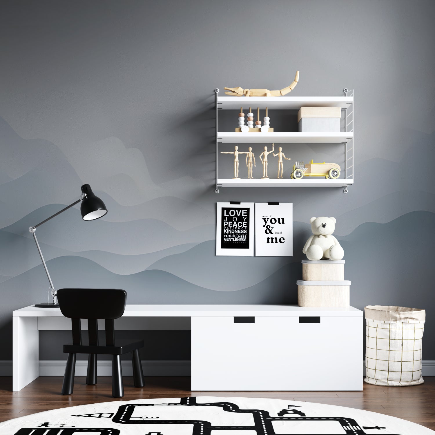 Modern mountain wallpaper creating a serene atmosphere in a minimalist living room