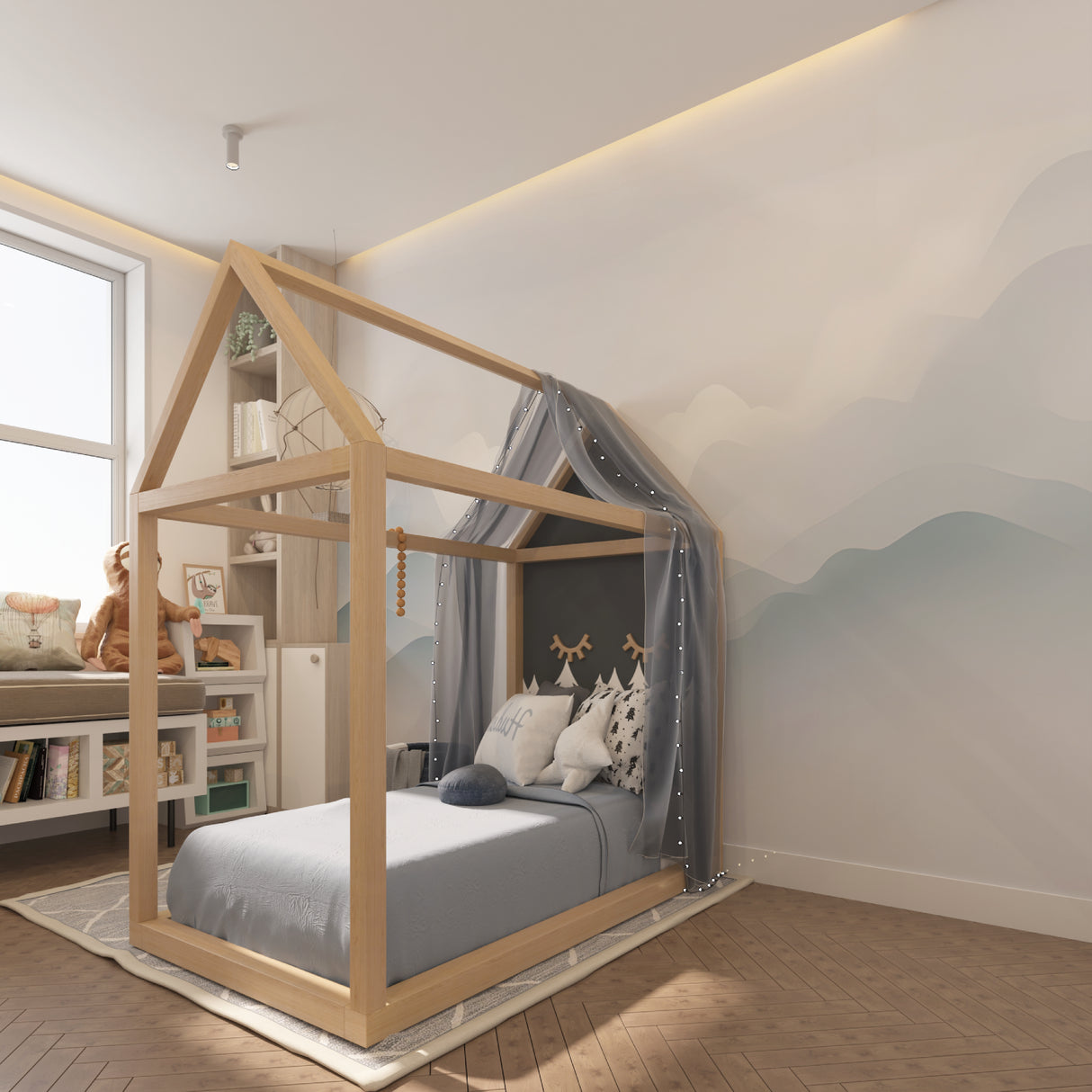 Gray wave mural wallpaper adding depth to a modern bedroom