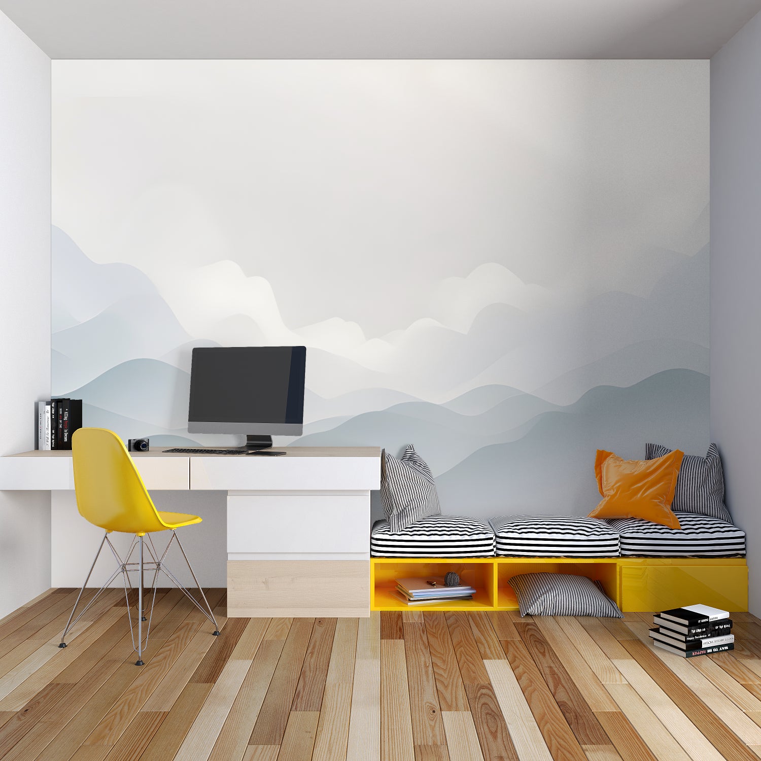 Mountain wave wallpaper bringing movement to a home office space