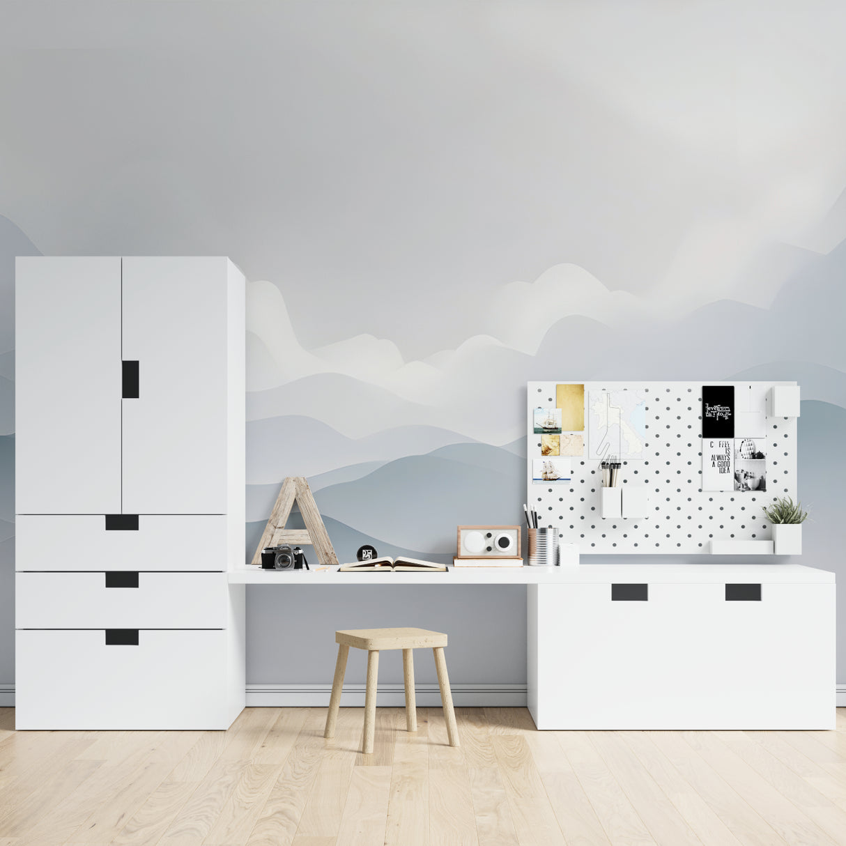 Minimalist mountain mural transforming a dining room with soft gray tones