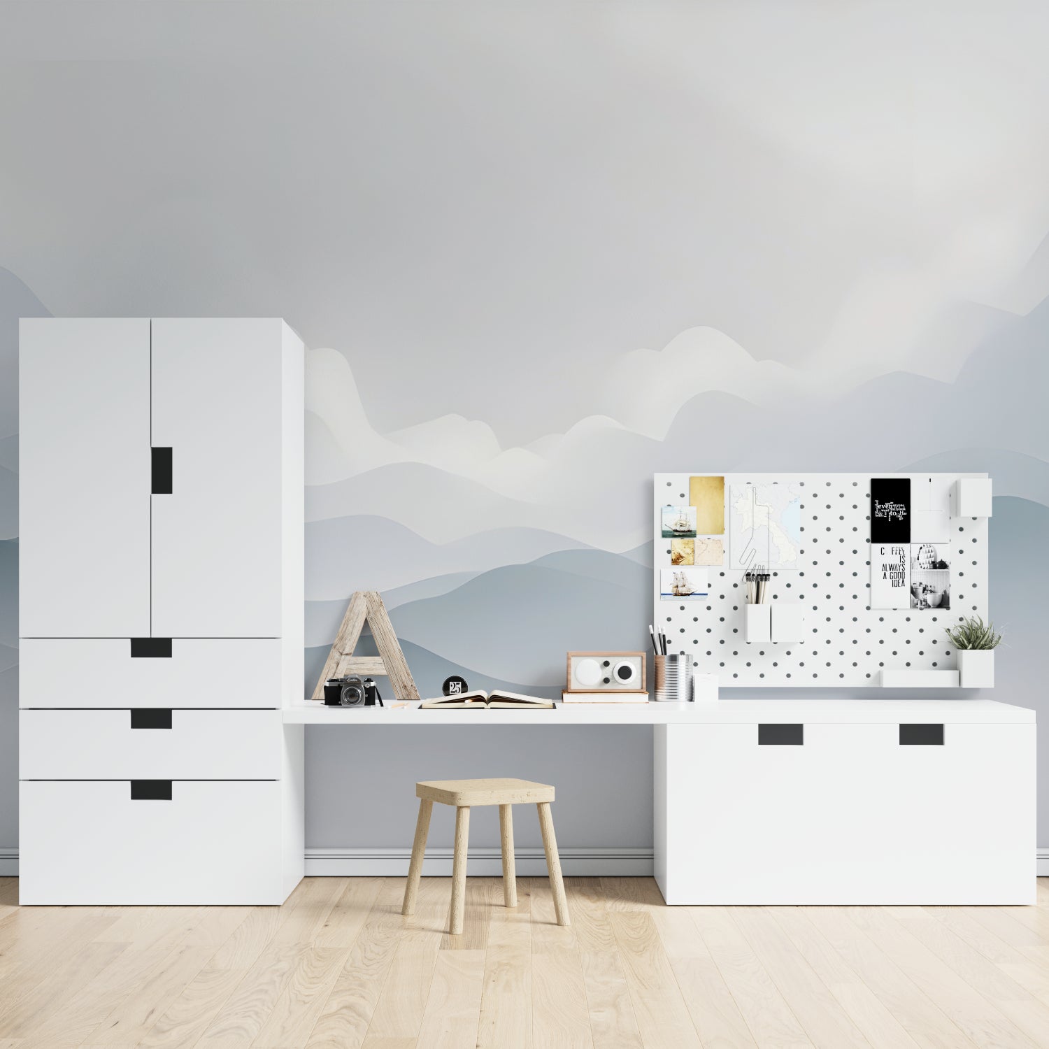 Minimalist mountain mural transforming a dining room with soft gray tones