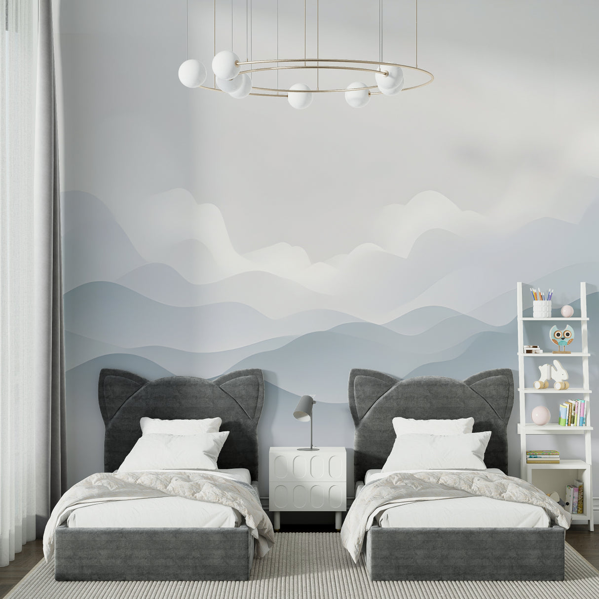 Abstract mountain wallpaper creating flow in a modern entrance hall