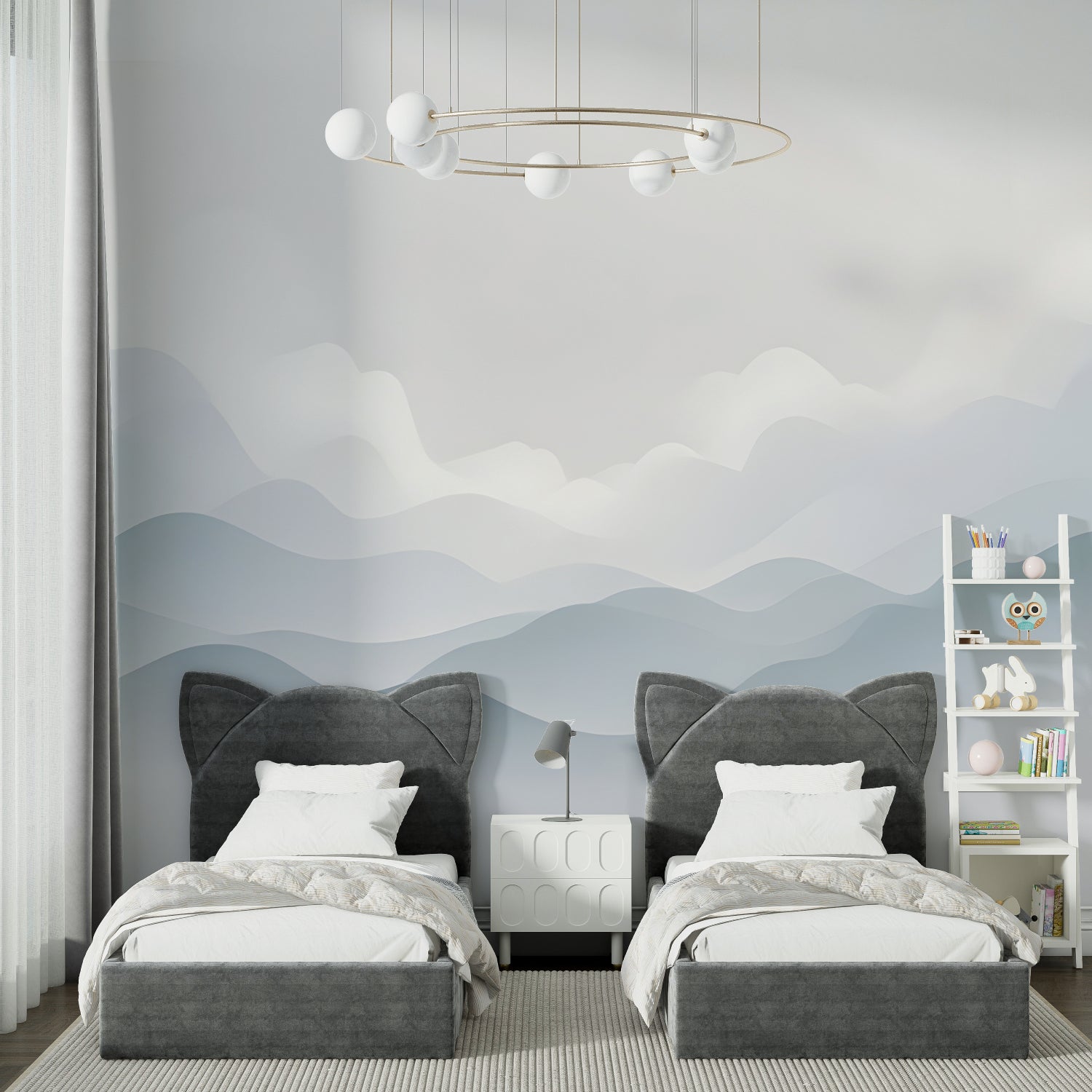 Abstract mountain wallpaper creating flow in a modern entrance hall