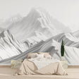 Mountain wall mural in modern living room showing grey peaks design creating depth