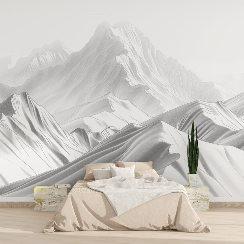 Mountain wall mural in modern living room showing grey peaks design creating depth