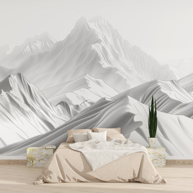 Mountain wall mural in modern living room showing grey peaks design creating depth