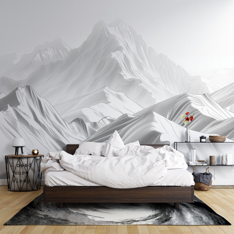 Minimalist mountain wallpaper in bedroom with soft grey tones