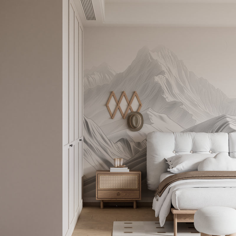 Grey mountain mural in home office space adding calm atmosphere