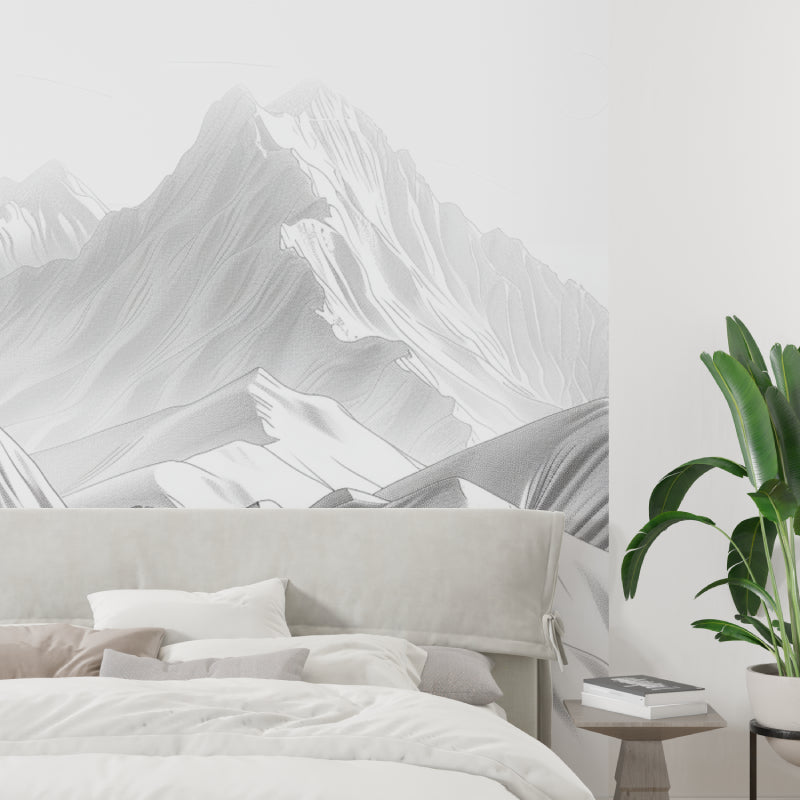 Mountain peaks wallpaper in dining room with modern furniture