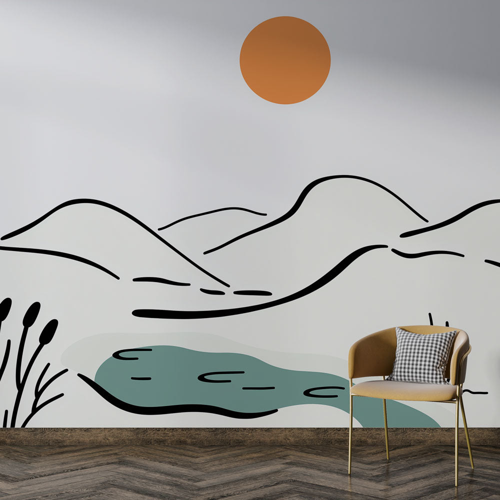 Mountain line art wallpaper creating a calm focal point in a minimalist Scandinavian living room with natural light