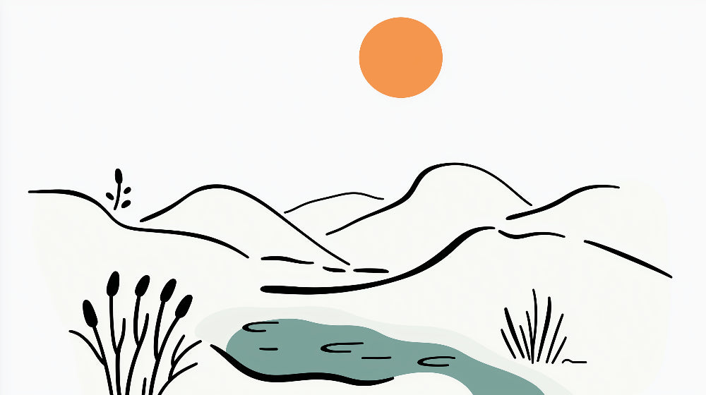 Minimalist mountain line art design file with orange sun detail against gray background