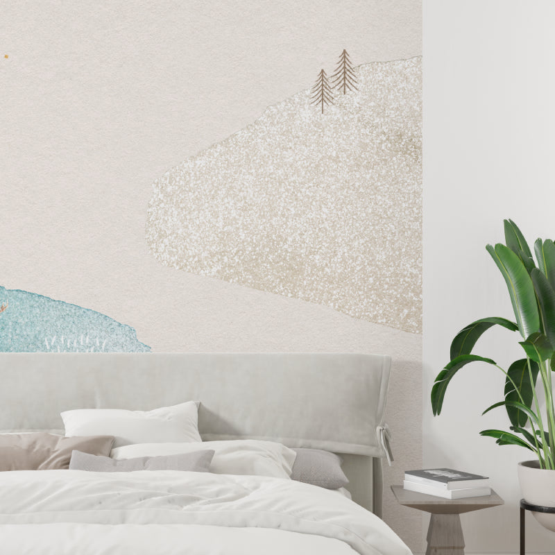 Minimalist mountain mural in cozy bedroom creating peaceful atmosphere