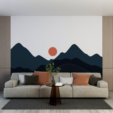 Modern mountain wallpaper creating a peaceful atmosphere in a minimalist living room with clean furniture lines