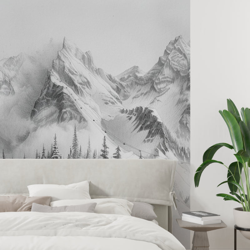 Black and white mountain mural adding depth to a minimalist bedroom