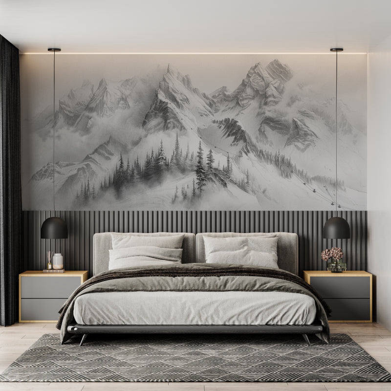 Mountain range wallpaper bringing nature into a home office space