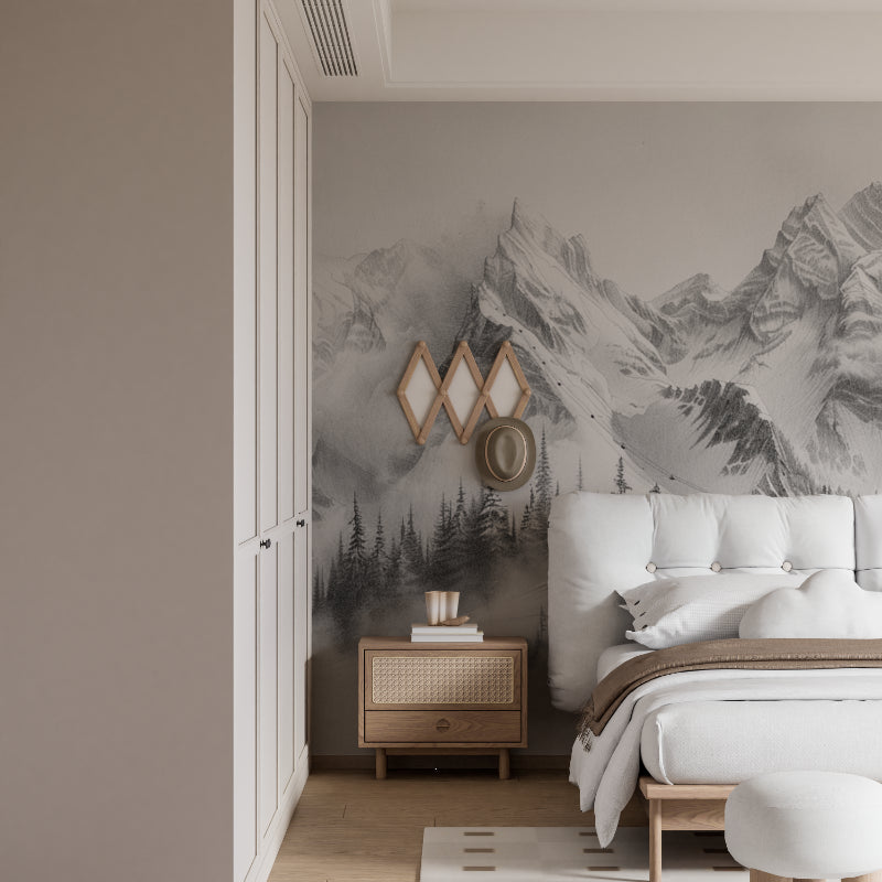 Alpine peaks mural creating a focal point in a dining room setting