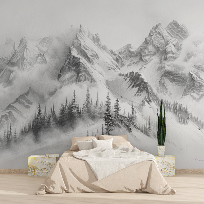 Misty mountain wallpaper transforming a meditation room into a peaceful retreat