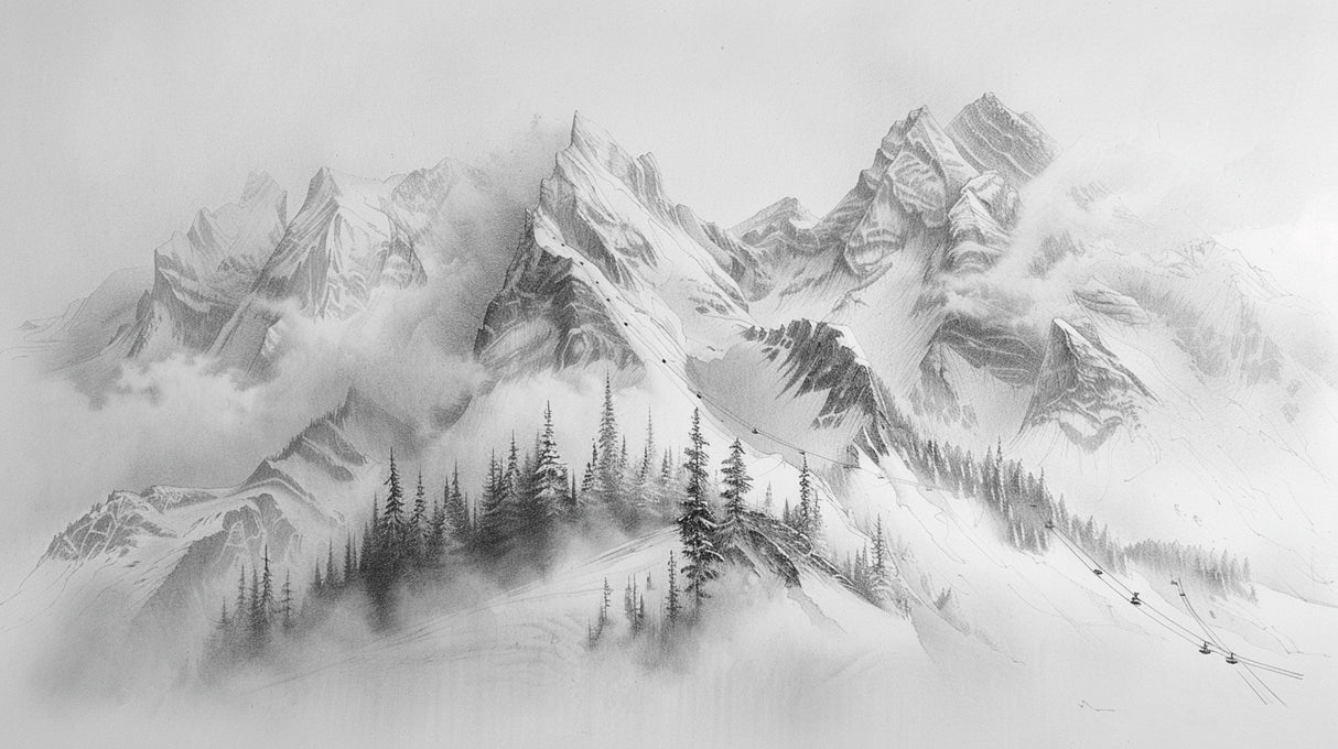 Mountain range design file showing detailed misty peaks in black and white