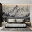 Mountain wallpaper mural bringing depth to a modern living room with grey sofa and natural light
