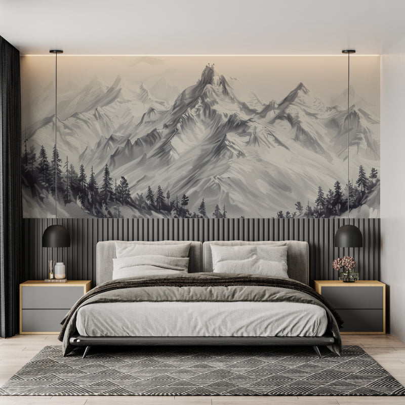 Mountain wallpaper mural bringing depth to a modern living room with grey sofa and natural light