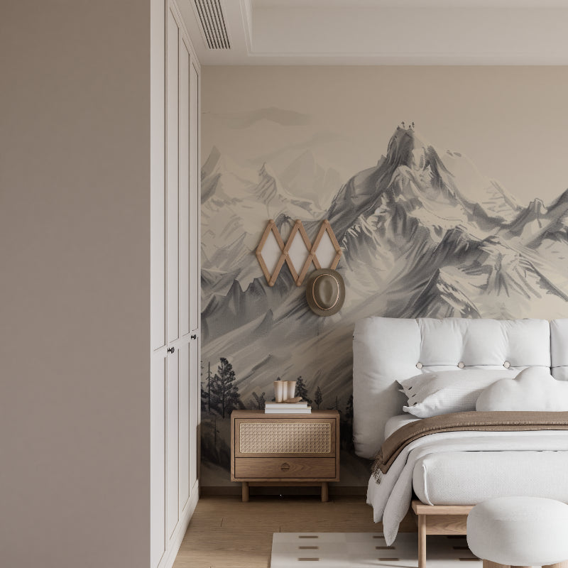 Grey mountain peak wallpaper creating a calm atmosphere in a minimalist bedroom