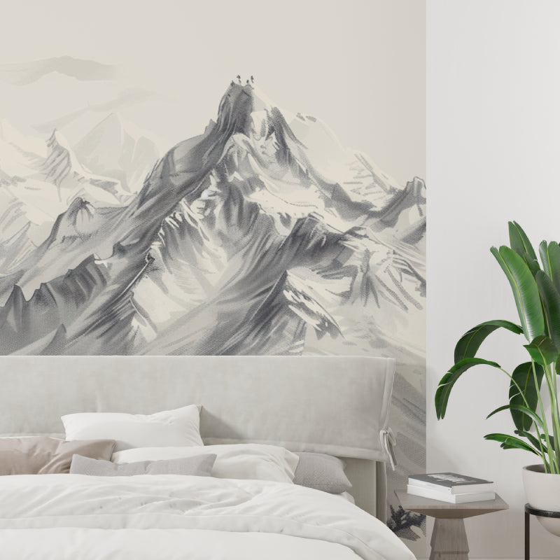 Mountain range mural adding visual interest to a home office with desk setup