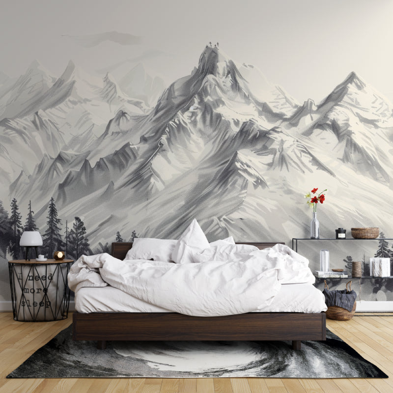 Alpine peaks wallpaper transforming a dining room with soft grey tones