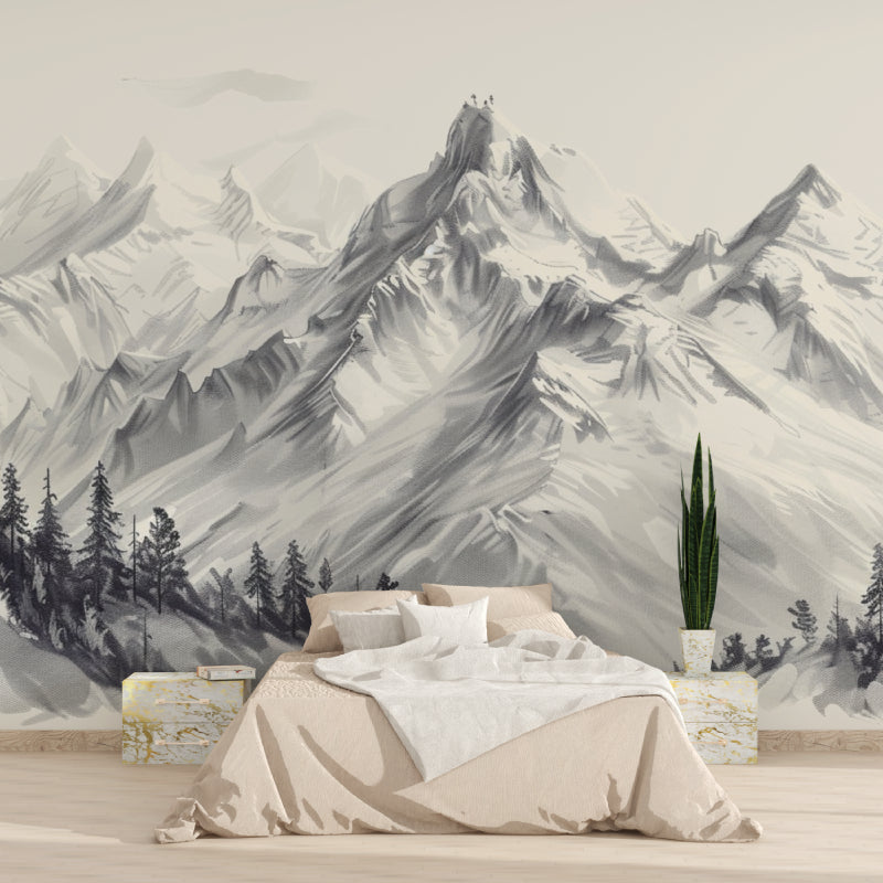 Misty mountain mural creating depth in a modern hallway setting