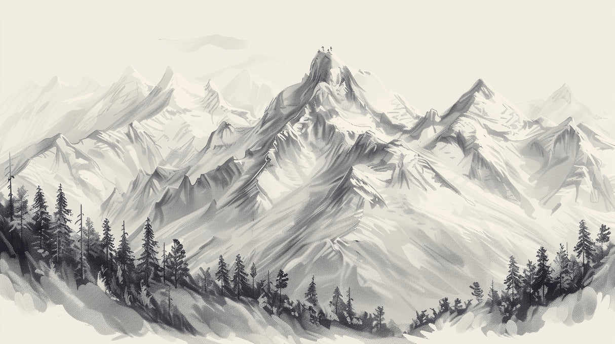 Mountain range design file showing detailed misty peaks pattern in grey scale