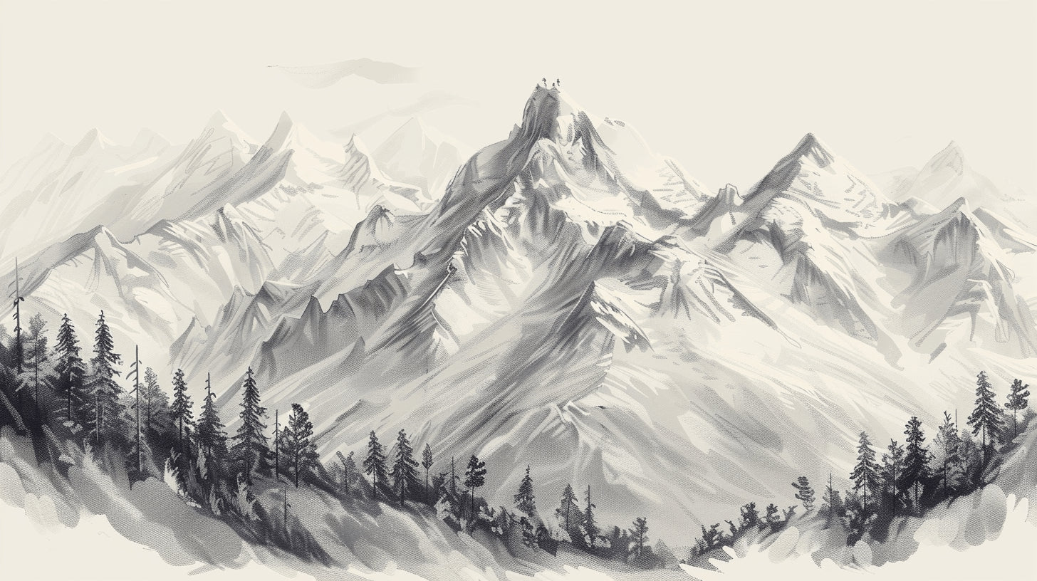 Mountain range design file showing detailed misty peaks pattern in grey scale