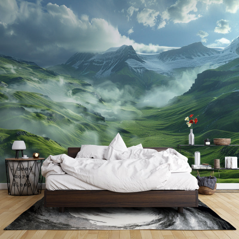 Alpine valley mural in minimalist bedroom showing morning mist effects