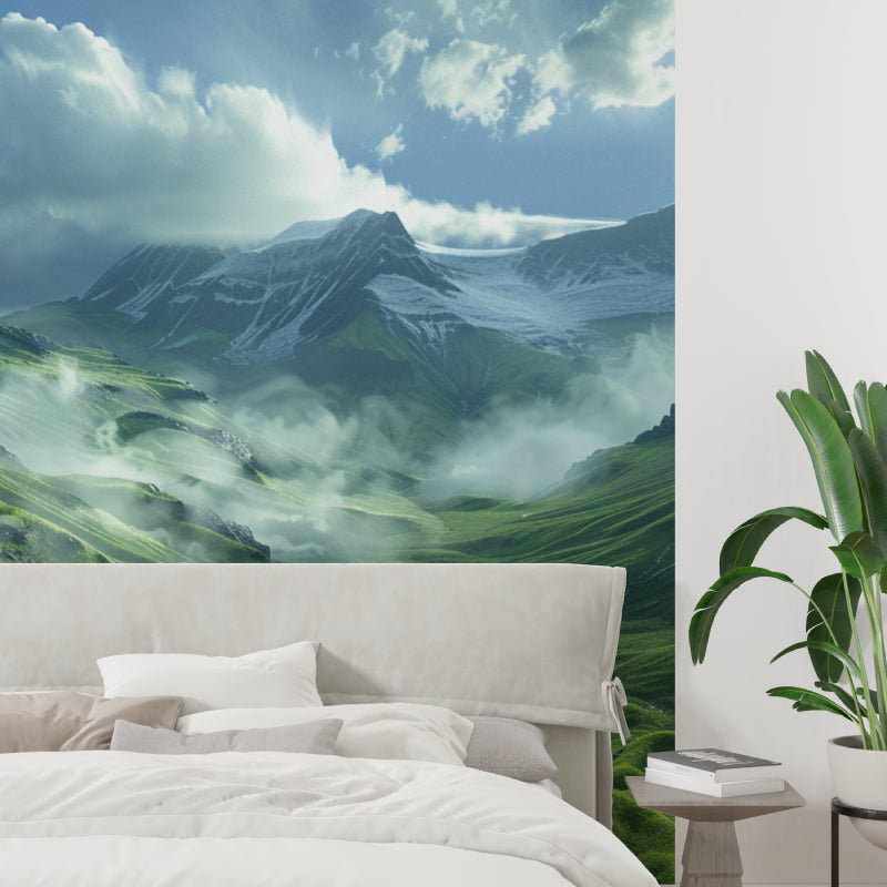 Mountain vista wallpaper transforming home office with peaceful nature scene