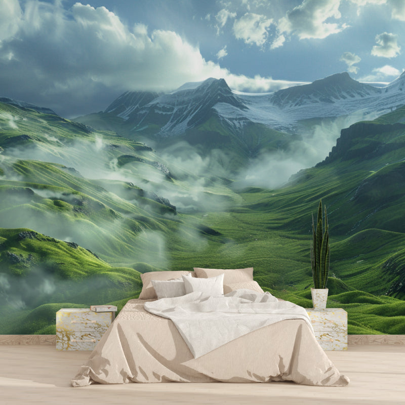 Misty mountain wallpaper in dining room creating stunning backdrop