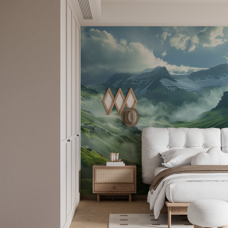 Panoramic mountain mural adding depth to hotel lobby space