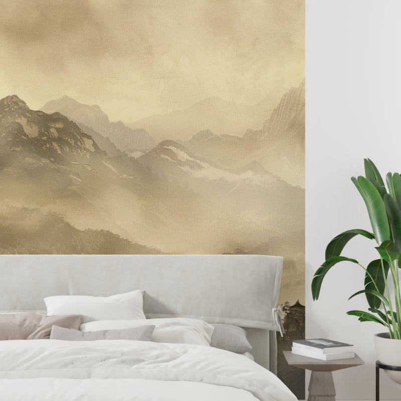Mountain mural wallpaper creating a peaceful atmosphere in a modern living room with minimal furniture