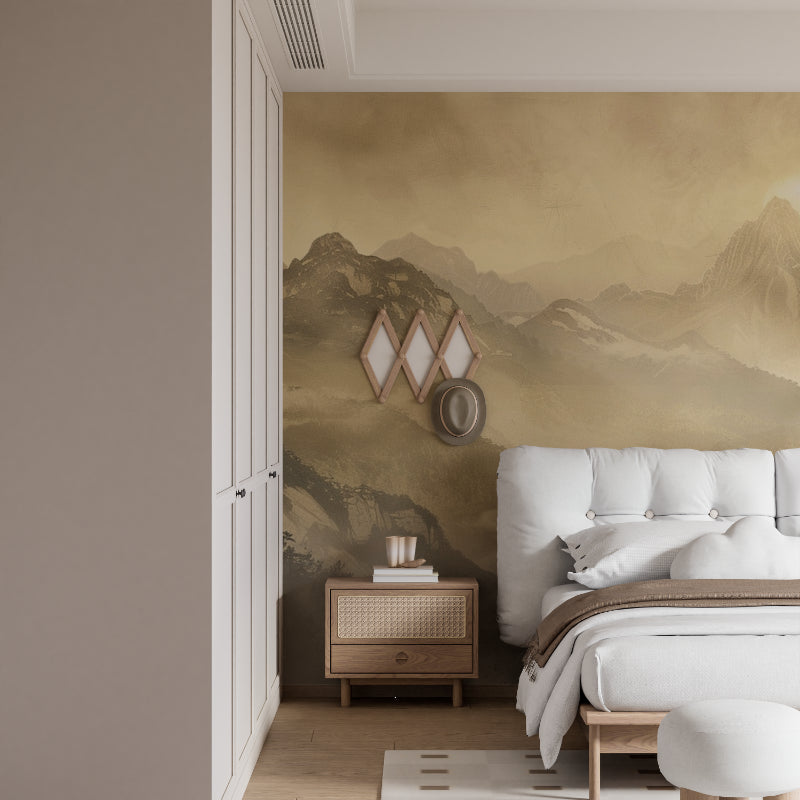 Beige mountain wallpaper in a cozy bedroom setting with natural light