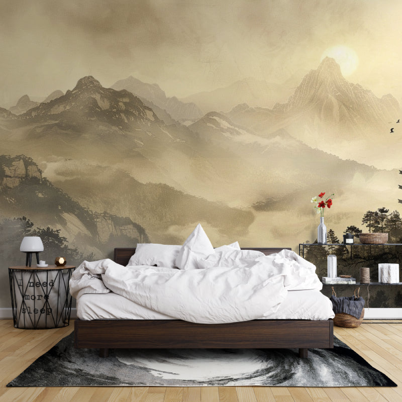Mountain landscape mural adding depth to a home office space