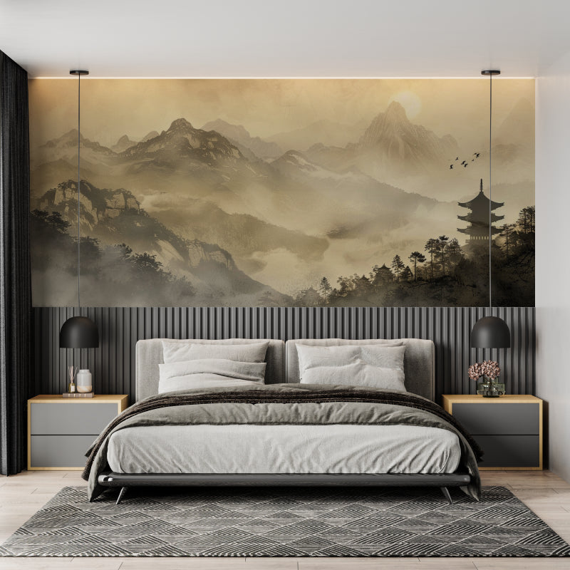 Zen mountain wallpaper installation in a meditation room