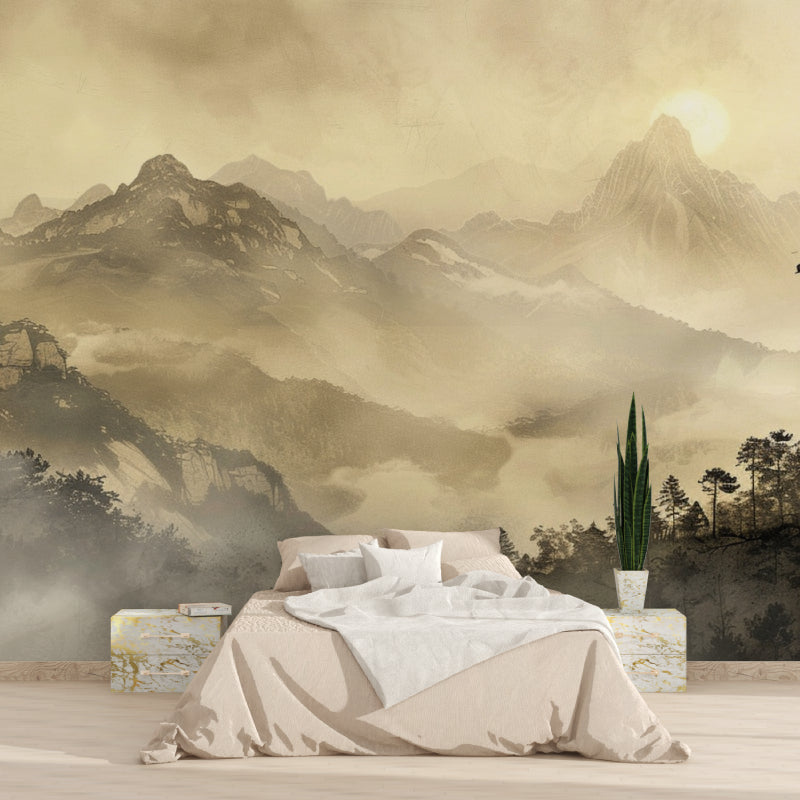 Misty mountain mural creating a focal point in a dining room