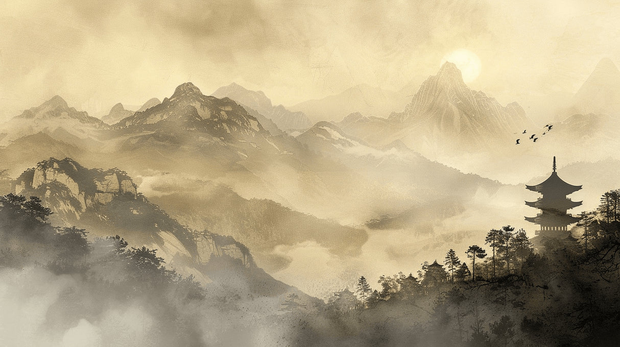 Mountain landscape wallpaper design file showing misty peaks in soft beige tones